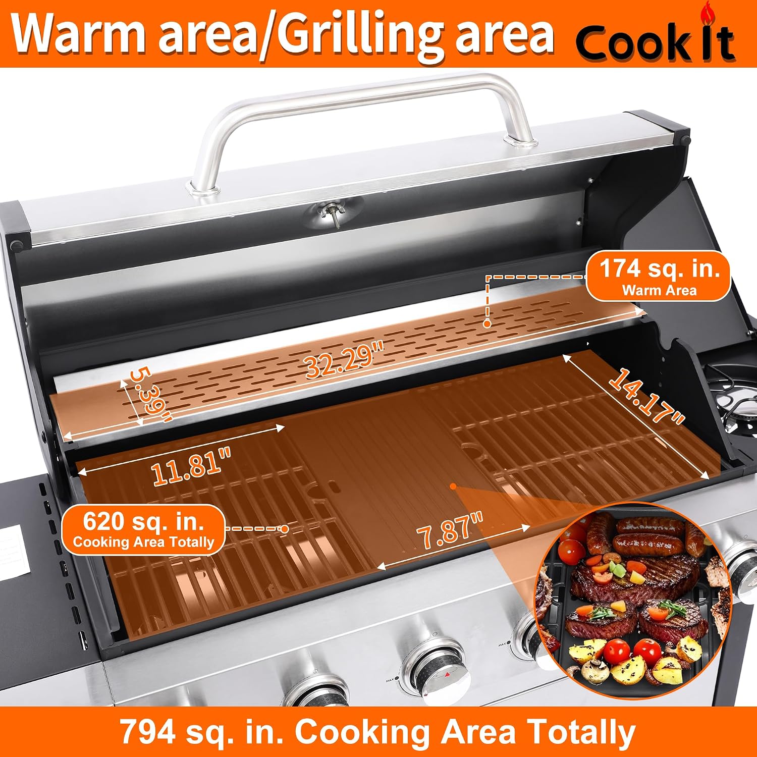 69000 BTU Output Propane Gas Grill with Side Burner and 6 Main Burners - Double-layer Stainless Steel Lid, Cast Iron Grids and Plate, Easy-Clean Grease Management for Perfect BBQs