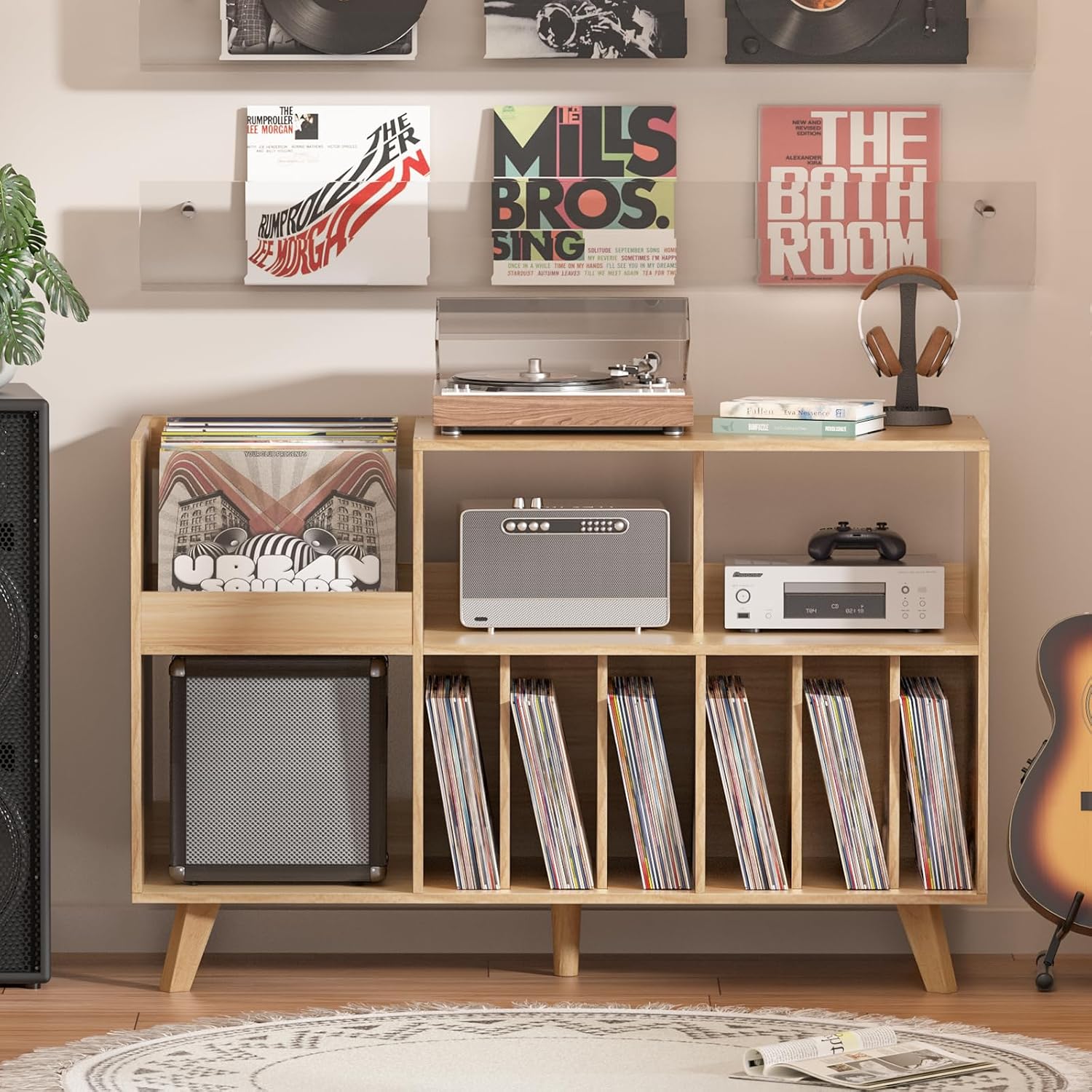LELELINKY Natural Wood 48''Record Player Stand with Storage and Display Area, Turntable Stand Vinyl Record Holder Player Table Holds Up to 450 Albums, Record Stand for Music Room Living Room