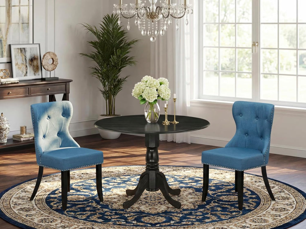 East West Furniture DLSI3-ABK-21 3 Piece Modern Dining Table Set Contains a Round Wooden Table with Dropleaf and 2 Blue Linen Fabric Upholstered Parson Chairs, 42x42 Inch, Wirebrushed Black