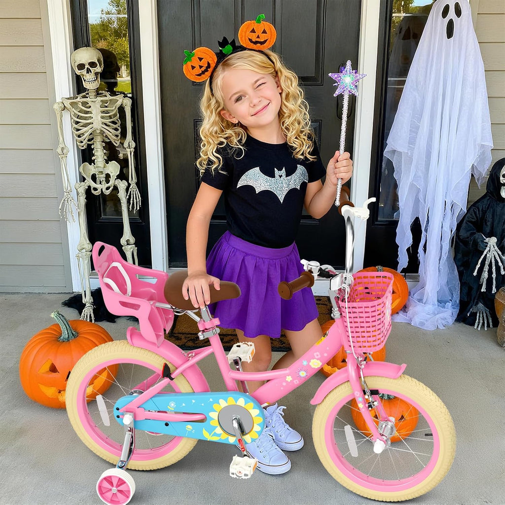 Glaf Toddler Girls Bike for Age 2-9 Years Old 12 14 16 Inch Girls Bike with Training Wheels and Doll Seat Kids Bike Bicycle with Basket