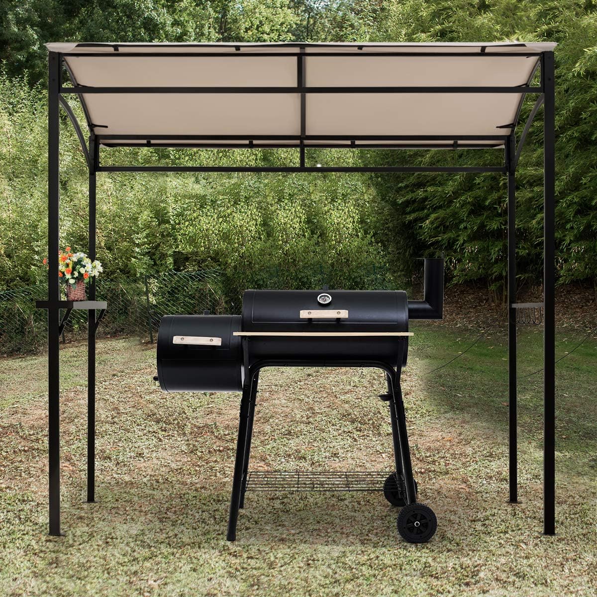 Giantex 7x4.4ft Grill Gazebo, Patio Outdoor Backyard BBQ Canopy Shelter, Soft Top, Heavy-Duty Steel Construction, Storage Shelf, Hanging Hooks, Bear Opening Setting, Anchor Kit (Beige)