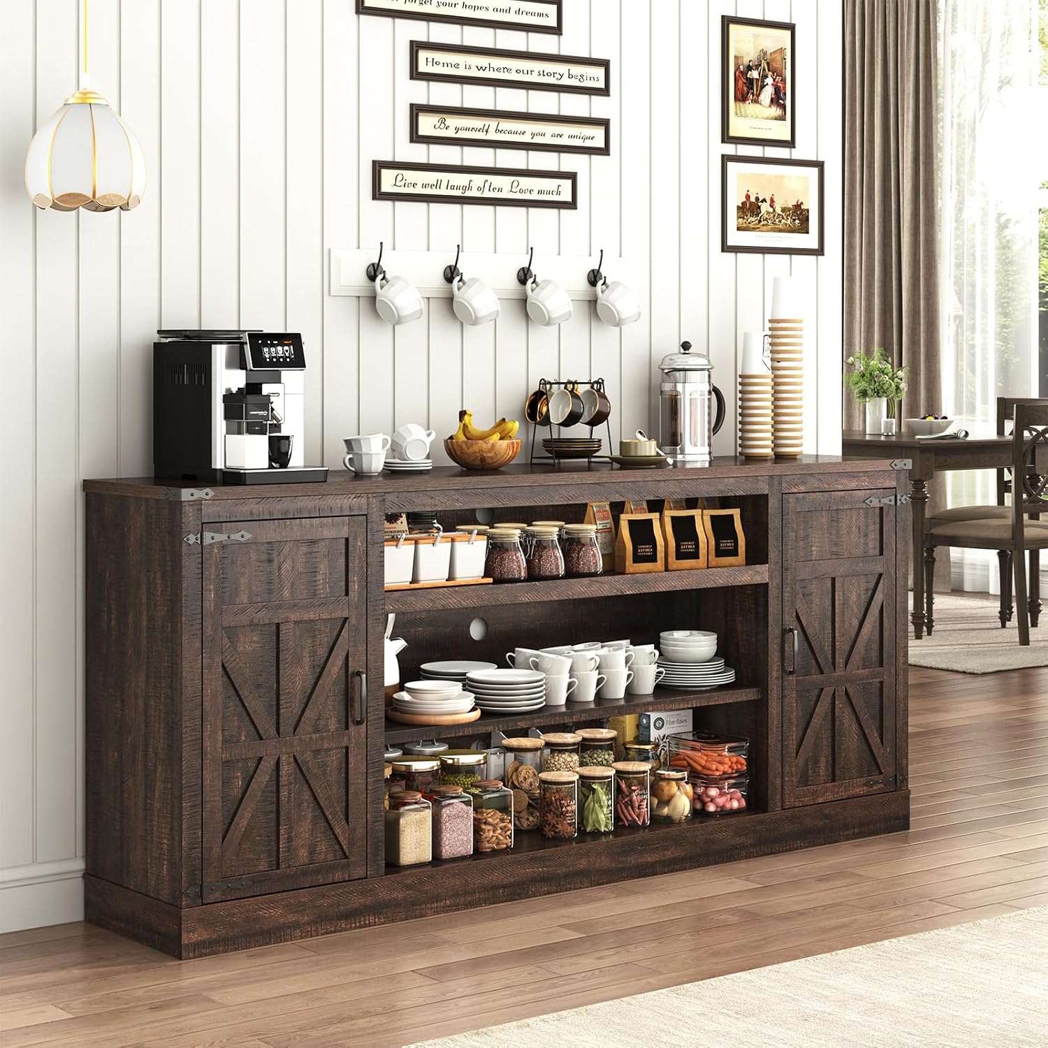 Hlivelood 75' Farmhouse TV Stand with Power Outlets for 85 Inch TVs, 33' Tall Entertainment Center with Storage Cabinets w/Adjustable Shelves, Rustic Large TV Media Console, Brown