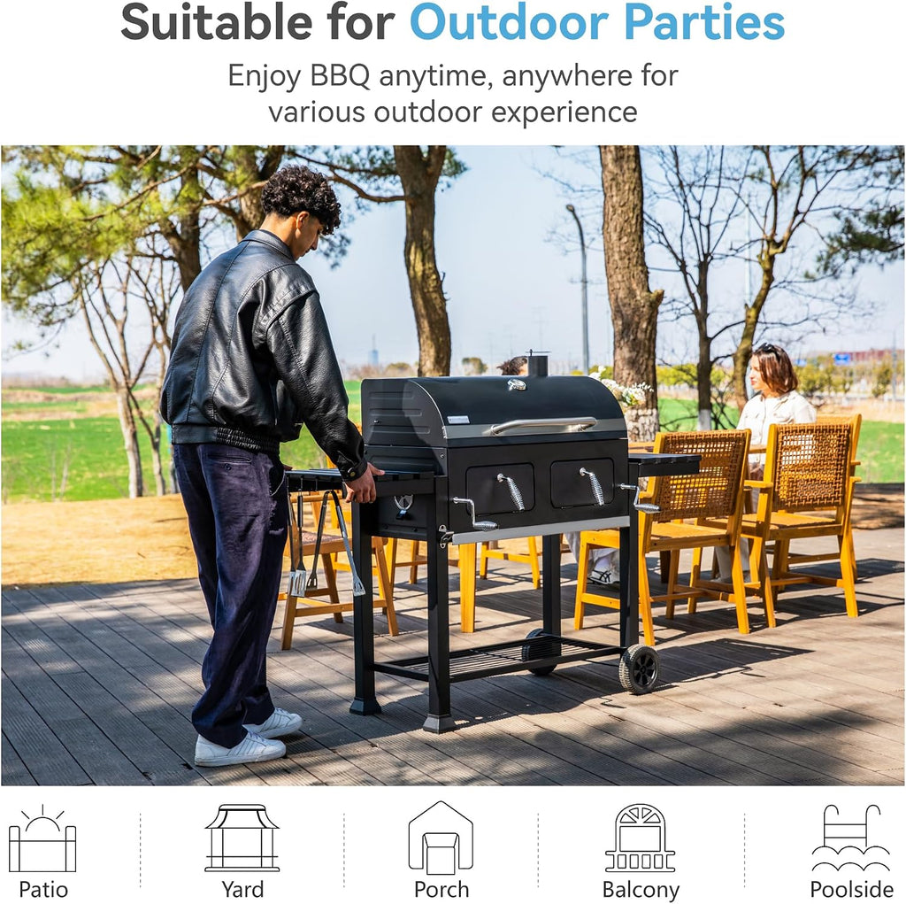 34-Inch Barrel Charcoal Grill with Side Tables, 794 Square Inches Cooking Space, Large Charcoal BBQ Grill with 2 Height-Adjustable Charcoal Pans for Outdoor Backyard Patio Picnic Parties Camping