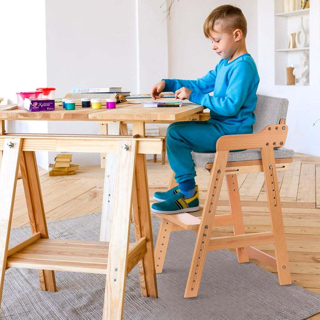 Ezebaby Wooden High Chair for Toddlers to Teens Adjustable Kids Learning Chair with Steps, Child Seats with Removable Cushion (Natural Color)