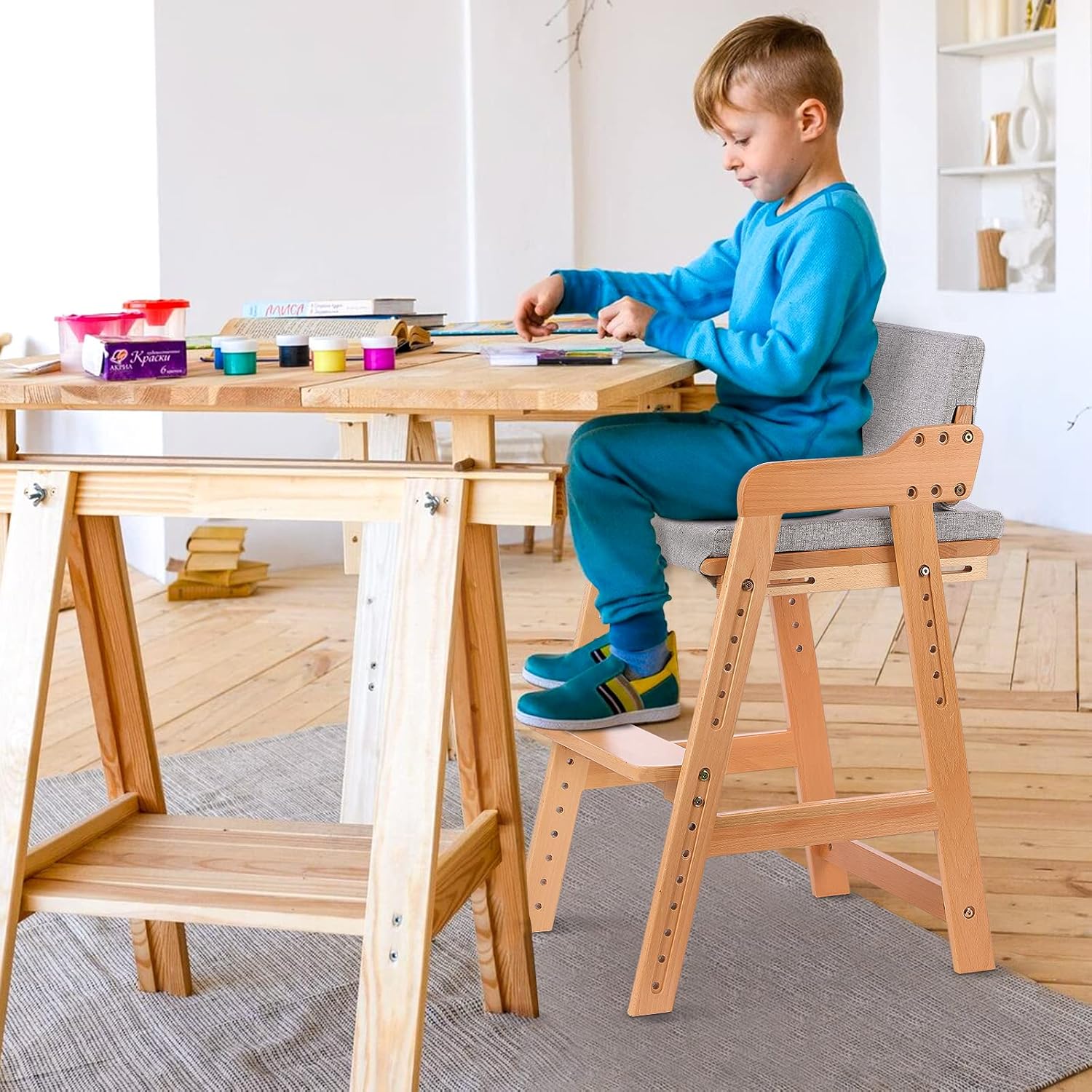 Ezebaby Wooden High Chair for Toddlers to Teens Adjustable Kids Learning Chair with Steps, Child Seats with Removable Cushion (Natural Color)