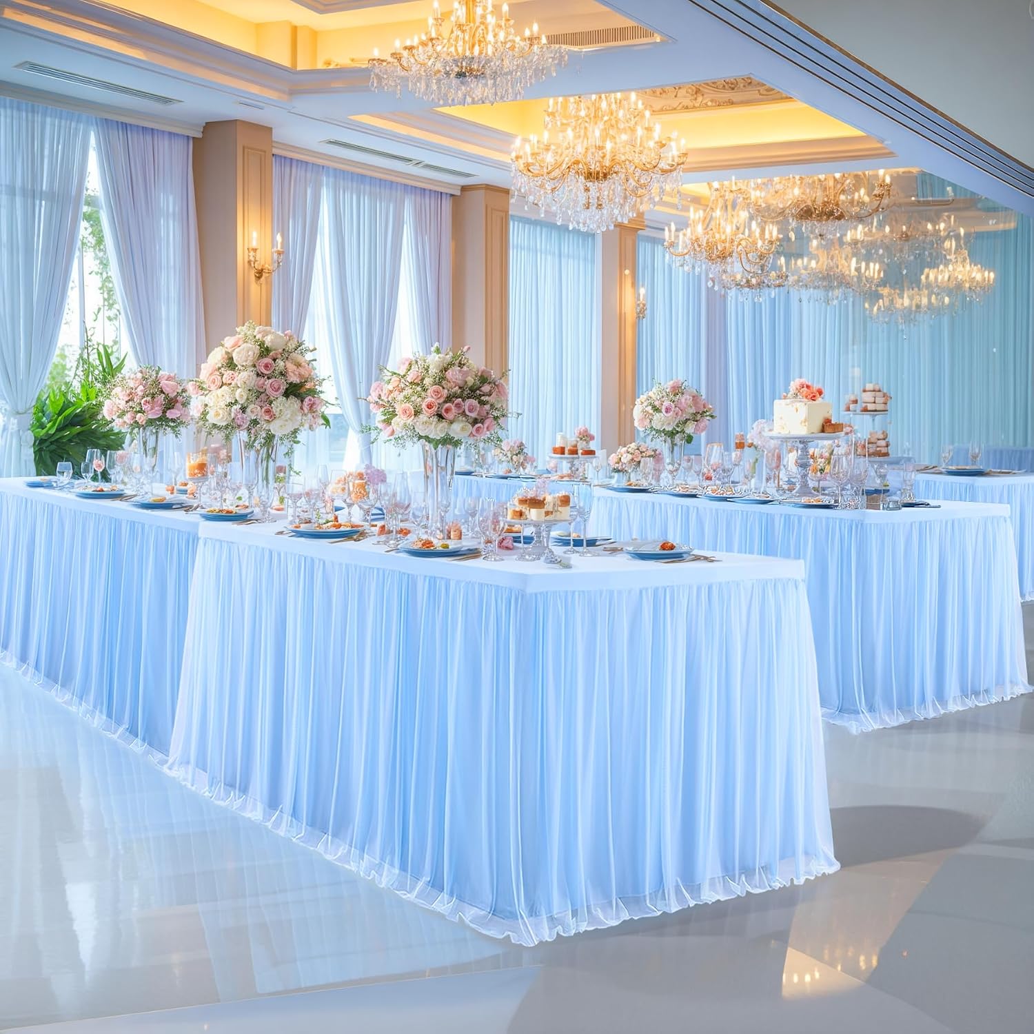 6 Pack Baby Blue Table Cloth for 6 Foot Rectangle Tables, Stretch Fitted Tulle Table Covers Skirt, Rectangular Ruffle Tutu Tablecloth Wedding Baby Shower Baby Shower Cake Tablecloths
