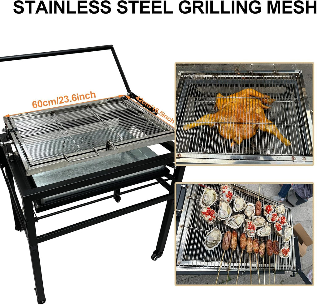 Portable Charcoal BBQ Grill, 360° Rotating Barbecue Grill with Wheels, Stainless Steel Cooking Grid, Adjustable Charcoal Tray, for Camping, Picnic, Patio & Backyard Parties