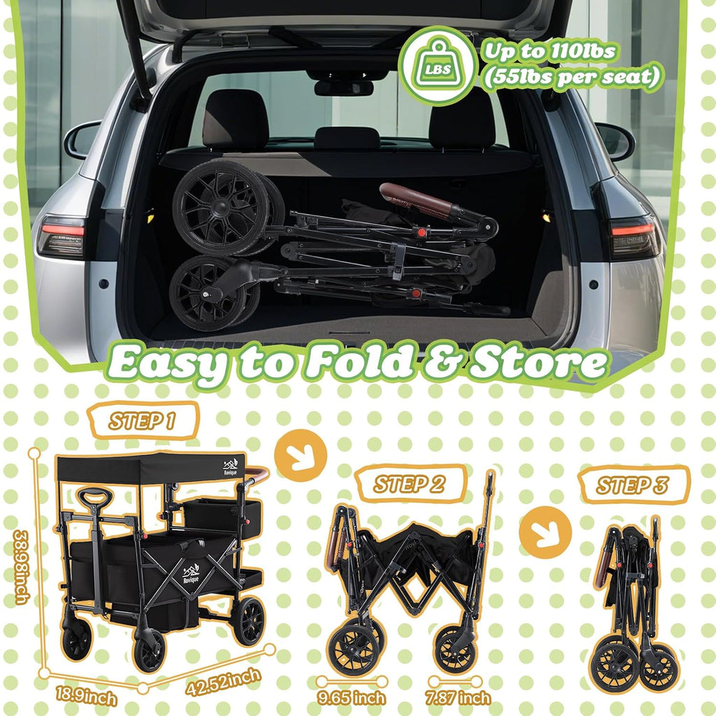 Wagon Stroller for 2 Kids, Premium Stroller Wagon for Kids with Removable Canopy, Safety Harness, Adjustable Handlebar & Storage Organizer, All-Terrain Foldable Baby Wagon for Outdoors