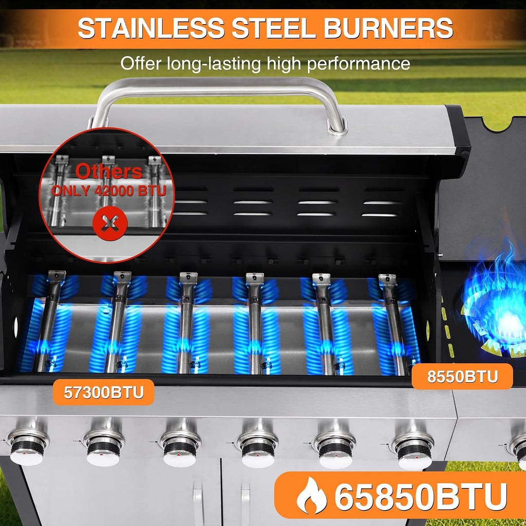 6-Burner Propane Grill - 65850 BTU BBQ with Side Burner | Porcelain Cast Iron Grates | Stainless Steel Outdoor Grill for Backyard, Camping, Tailgating (Fast Heating & Easy Clean)