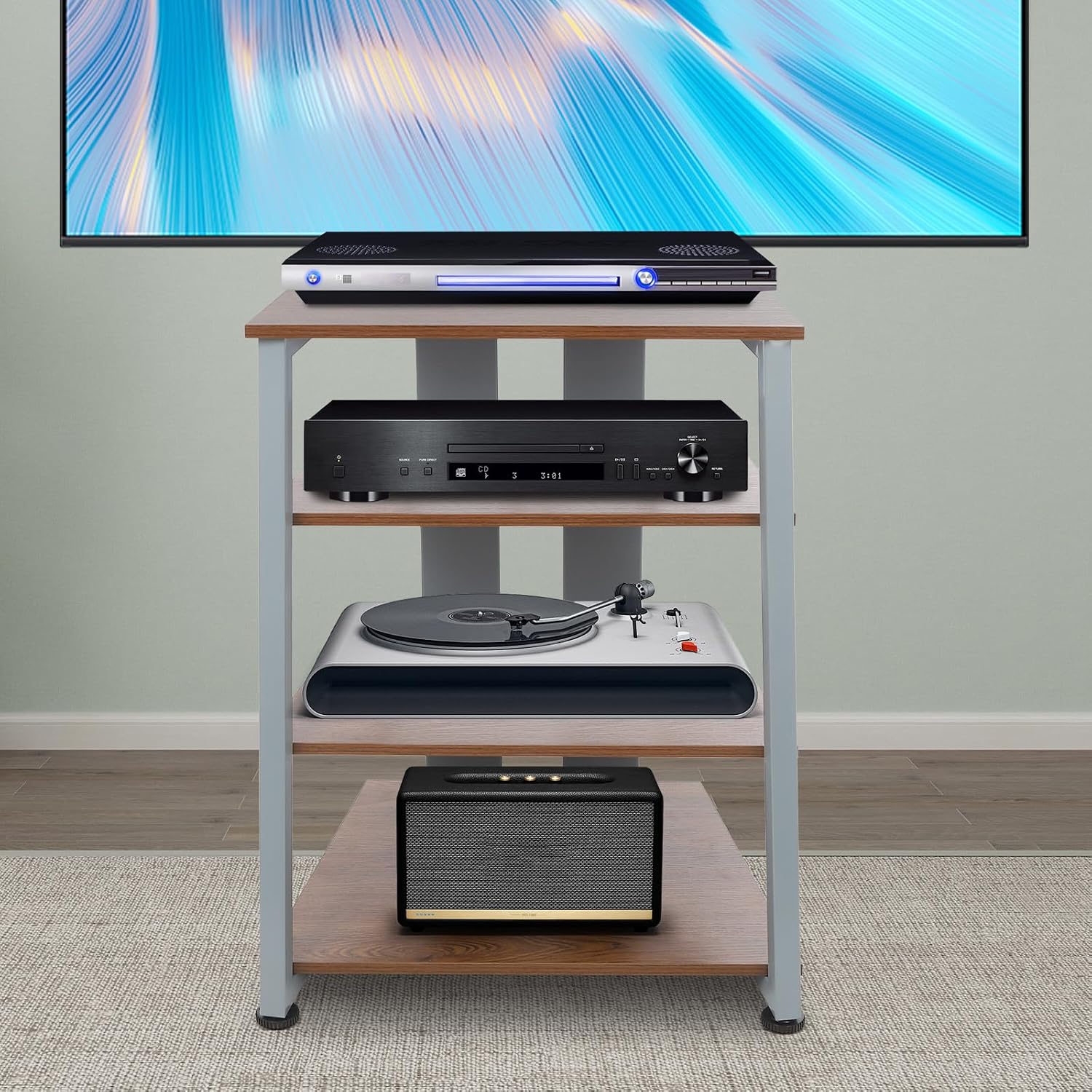 4-Tier AV Media Stand, Corner Shelf Stereo Audio Rack Stand with Adjustable Shelves, 110 lbs Total Capacity, Perfect for Home Theaters, Studios (Brown+Gray)