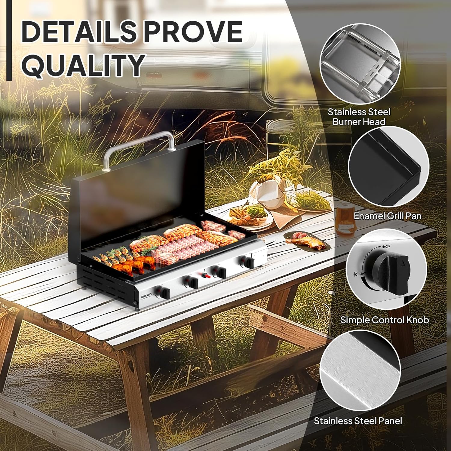 ROVSUN 4 Burner Portable Propane Griddle with Enameled Tray & Lid, 40,000 BTU Tabletop Flat Top Gas Grill with Electronic Ignition & Regulator for Outdoor Cooking Camping BBQ Tailgating