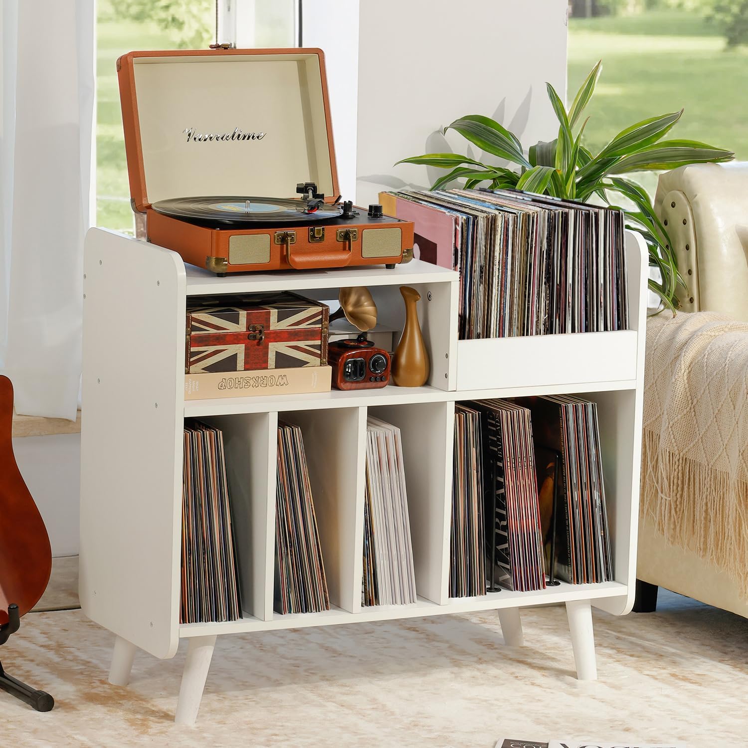 Record Player Stand, Large Record Player Table Cabinet with Open Vinyl Storage and Display Shelf Holds up to 350 Albums, Mid Century Wood Turntable for Living Room, Bedroom (White)