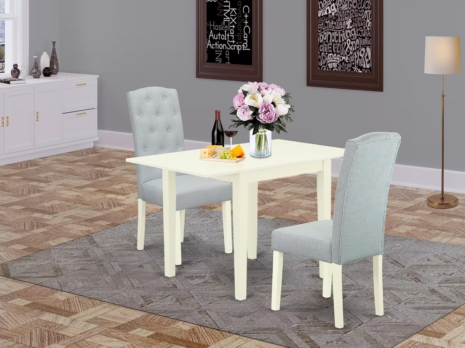 East West Furniture 1NDCE3-LWH-15 3 Piece Kitchen Table & Chairs Set Contains a Rectangle Dining Room Table with Dropleaf and 2 Baby Blue Linen Fabric Parsons Chairs, 30x48 Inch, Linen White