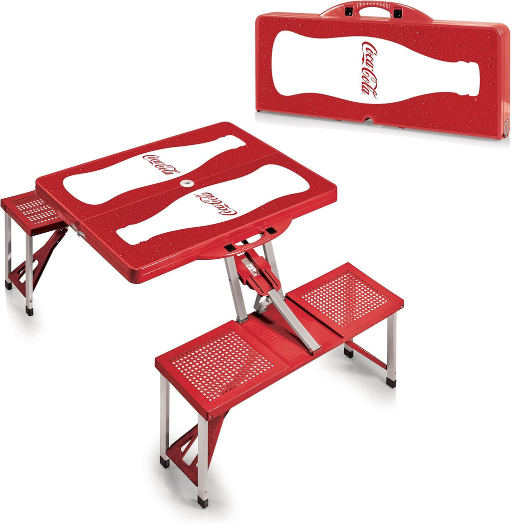 Picnic TIME Coca-Cola Folding Picnic Table with Seats, Collapsible Aluminum Table and Bench Set with Umbrella Hole, Lightweight Portable Table for Camping, Travel, Tailgating, Backyard (Red)