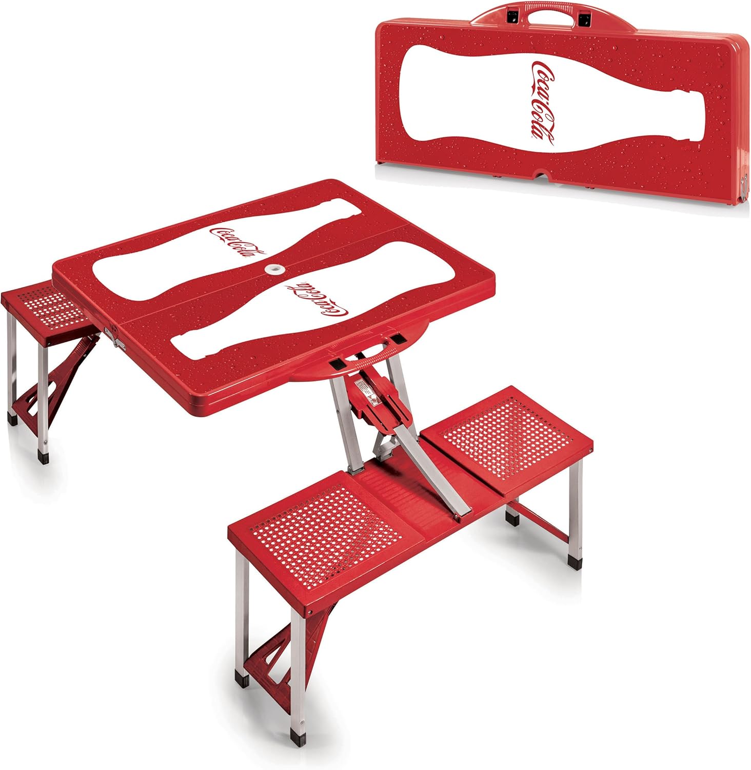 Picnic TIME Coca-Cola Folding Picnic Table with Seats, Collapsible Aluminum Table and Bench Set with Umbrella Hole, Lightweight Portable Table for Camping, Travel, Tailgating, Backyard (Red)