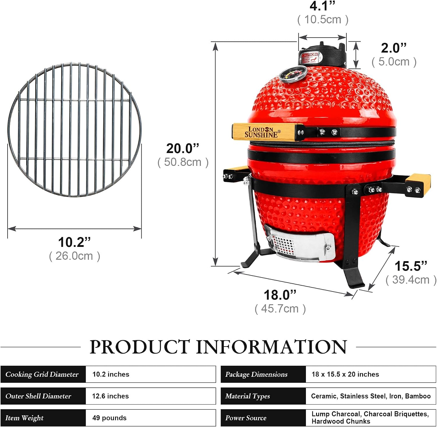 London Sunshine Ceramic BBQ Charcoal Kamado Grill 13 inch Portable Tabletop BBQ Grill Red
