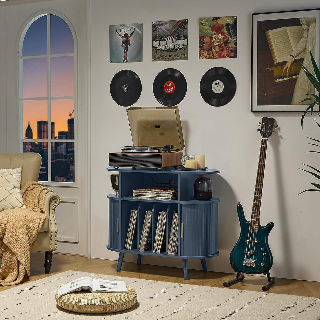 LELELINKY Large Round Record Player Stand with Charging Station & Fluted Panel,Navy Blue Mid Century Modern Turntable Cabinet with Vinyl Storage, Arched Wood Record Player Table for Living Room