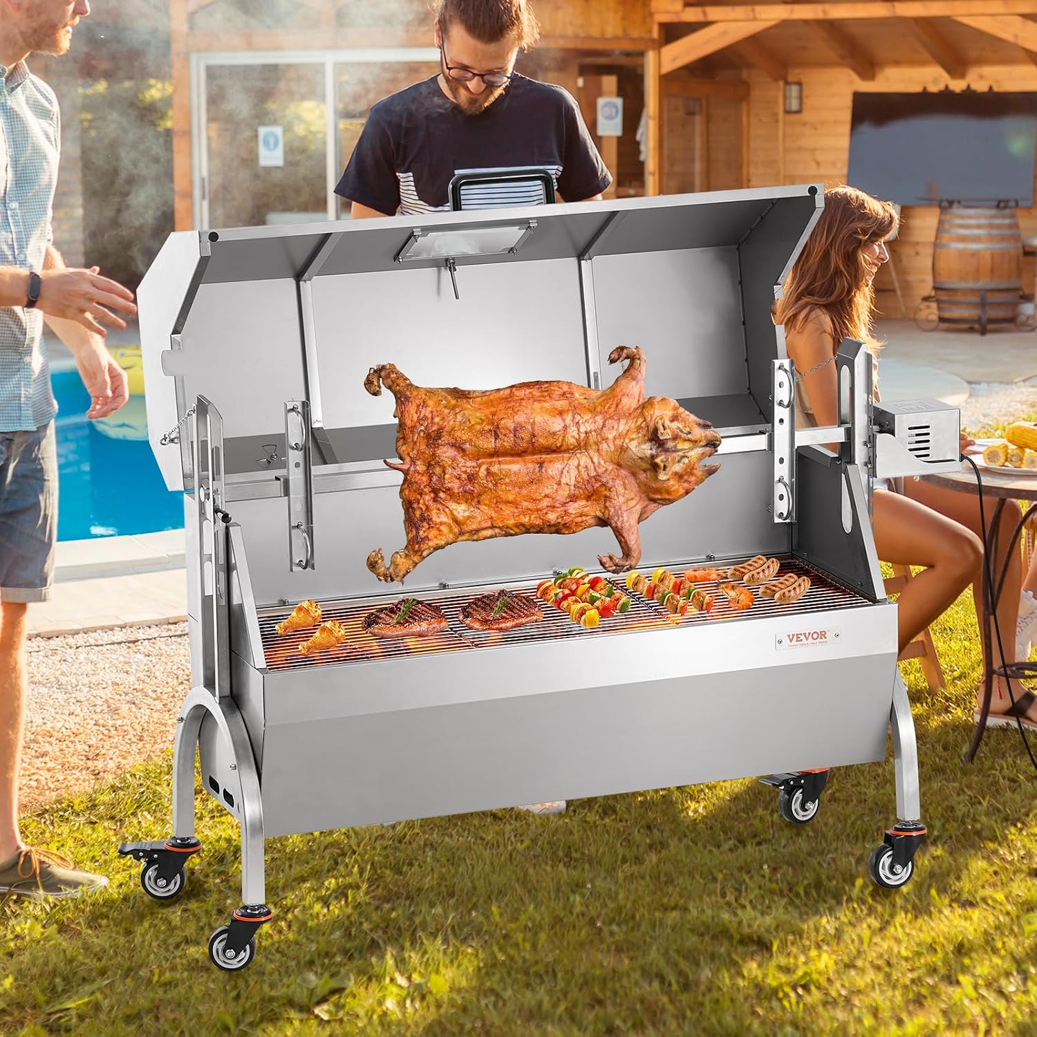 VEVOR Rotisserie Grill with Hooded Cover Roaster, 46 Inch 198Lbs Capacity, BBQ Outdoor Pig Lamb Rotisserie Roaster, Electric 52W Motor Stainless Steel Roasterfor Camping Outdoor Barbecue