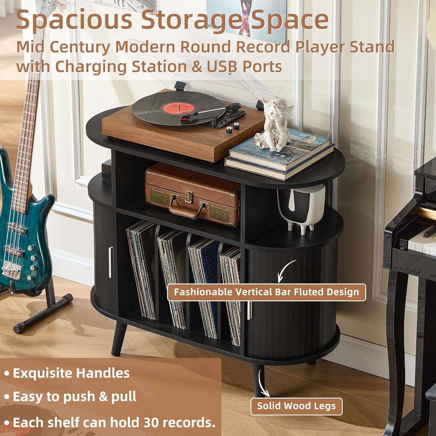 LELELINKY Large Round Record Player Stand with Charging Station & Fluted Display Shelf, Black Mid Century Modern Turntable Cabinet with Vinyl Storage, Arched Wood Record Player Table for Living Room