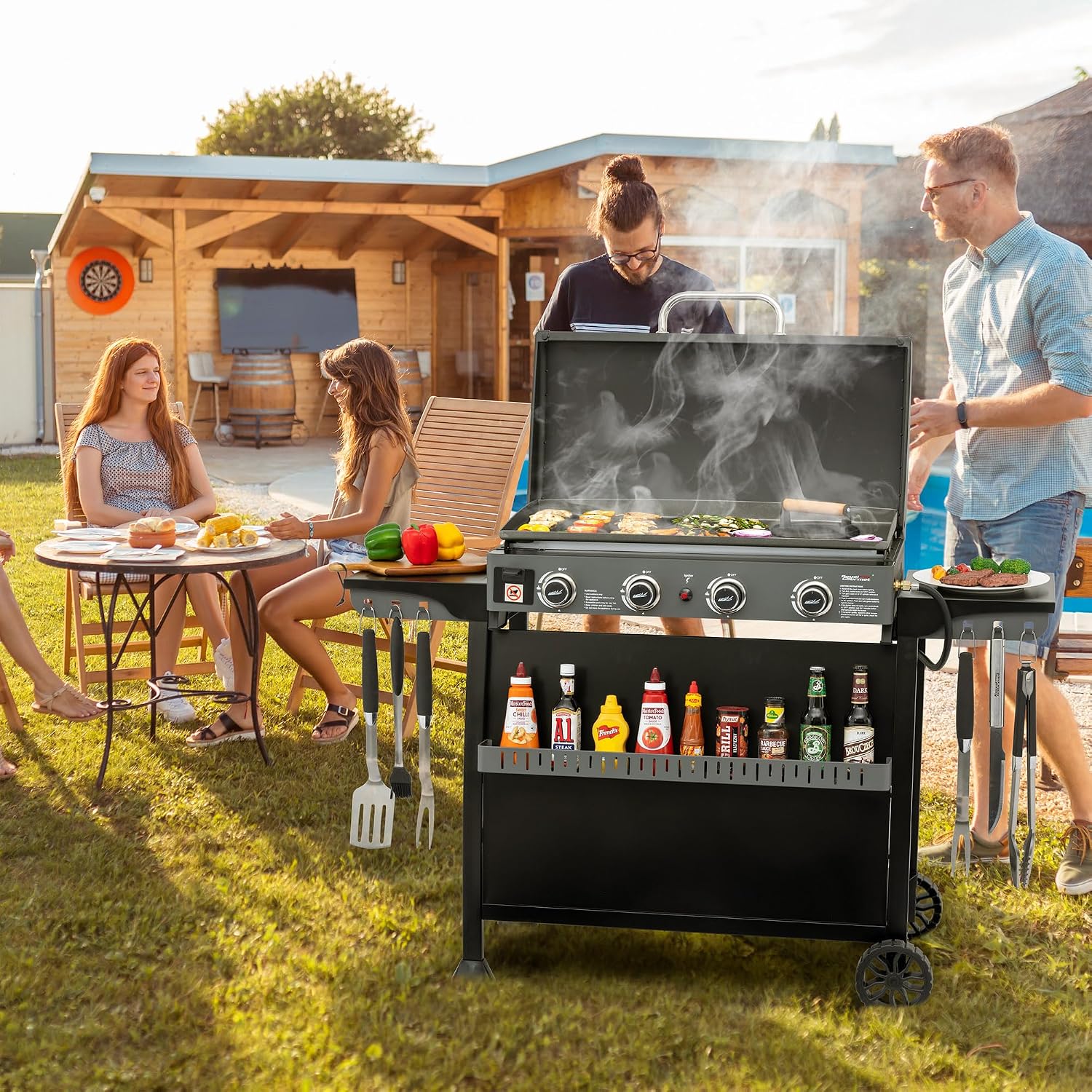 Royal Gourmet PD4001 4 Burner Propane Gas Griddle with Removable Standing Cart, Convertible to Tabletop Design, Flat Top Grill with Hood for Camping, Tailgating, Backyard, Black