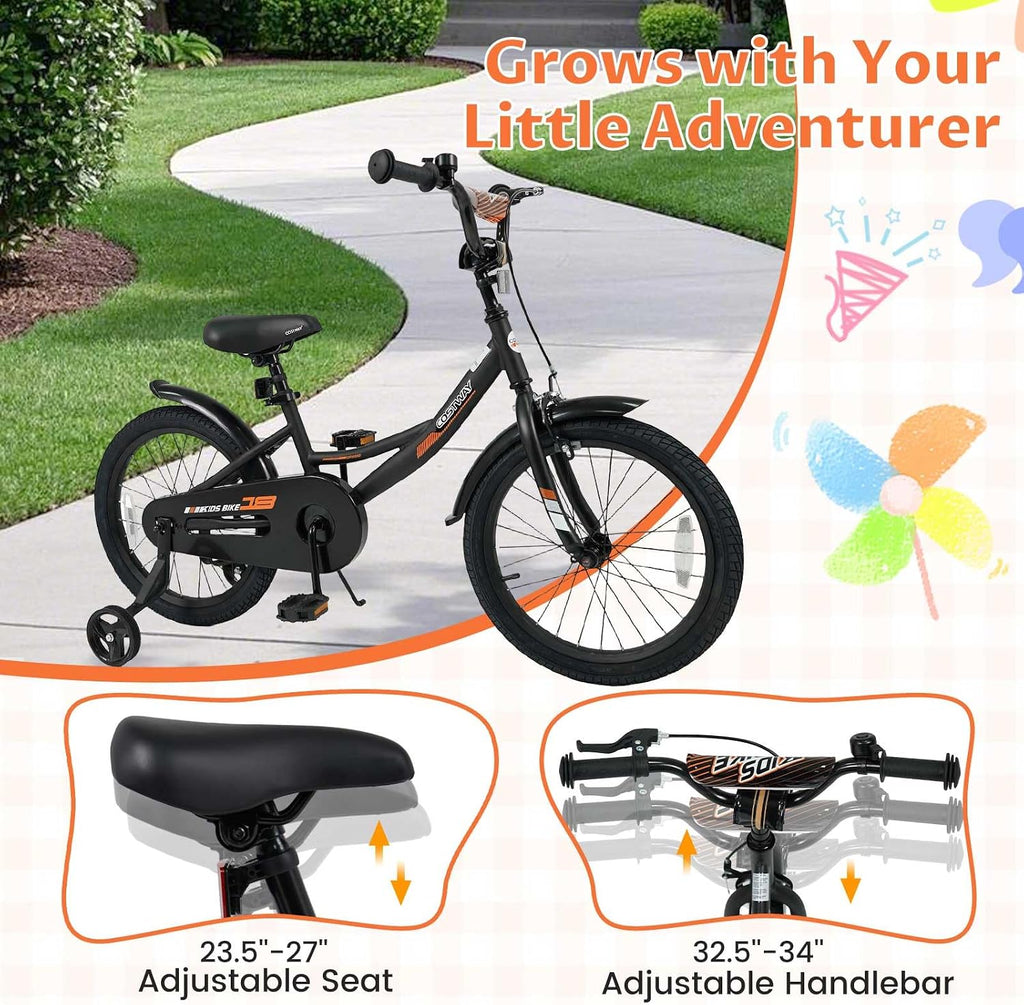 COSTWAY Kids Bike, 18 Inch Toddler Bicycle with Removable Training Wheels, Dual Brakes, Adjustable Seat & Handlebar Height, Girls & Boys Bikes for 3-8 Years Old (Black,18 Inch with Kickstand)
