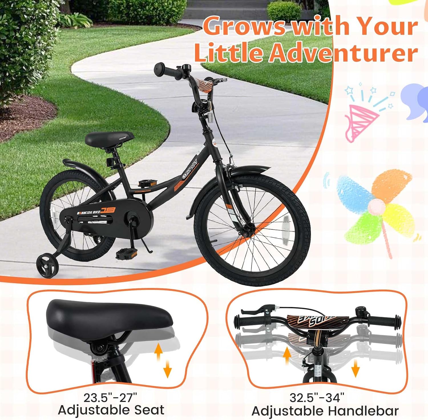 COSTWAY Kids Bike, 18 Inch Toddler Bicycle with Removable Training Wheels, Dual Brakes, Adjustable Seat & Handlebar Height, Girls & Boys Bikes for 3-8 Years Old (Black,18 Inch with Kickstand)