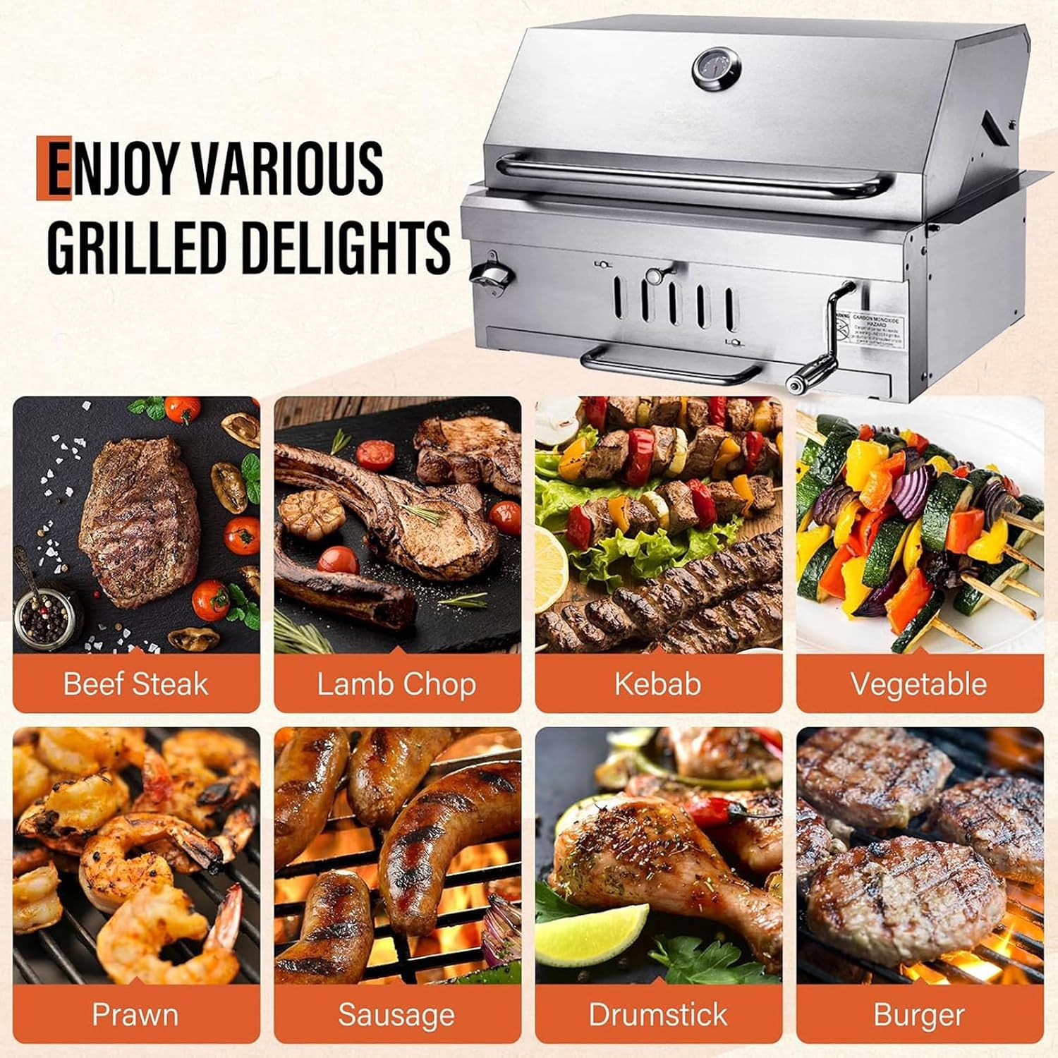 28In Built in BBQ Grills, Large Outside Charcoal Grill with BBQ Fork Kit Liftable Tray & Thermometer, Silver Stainless Steel Barbecue Grill for Outdoor Kitchen Cooking Patio Camping Park