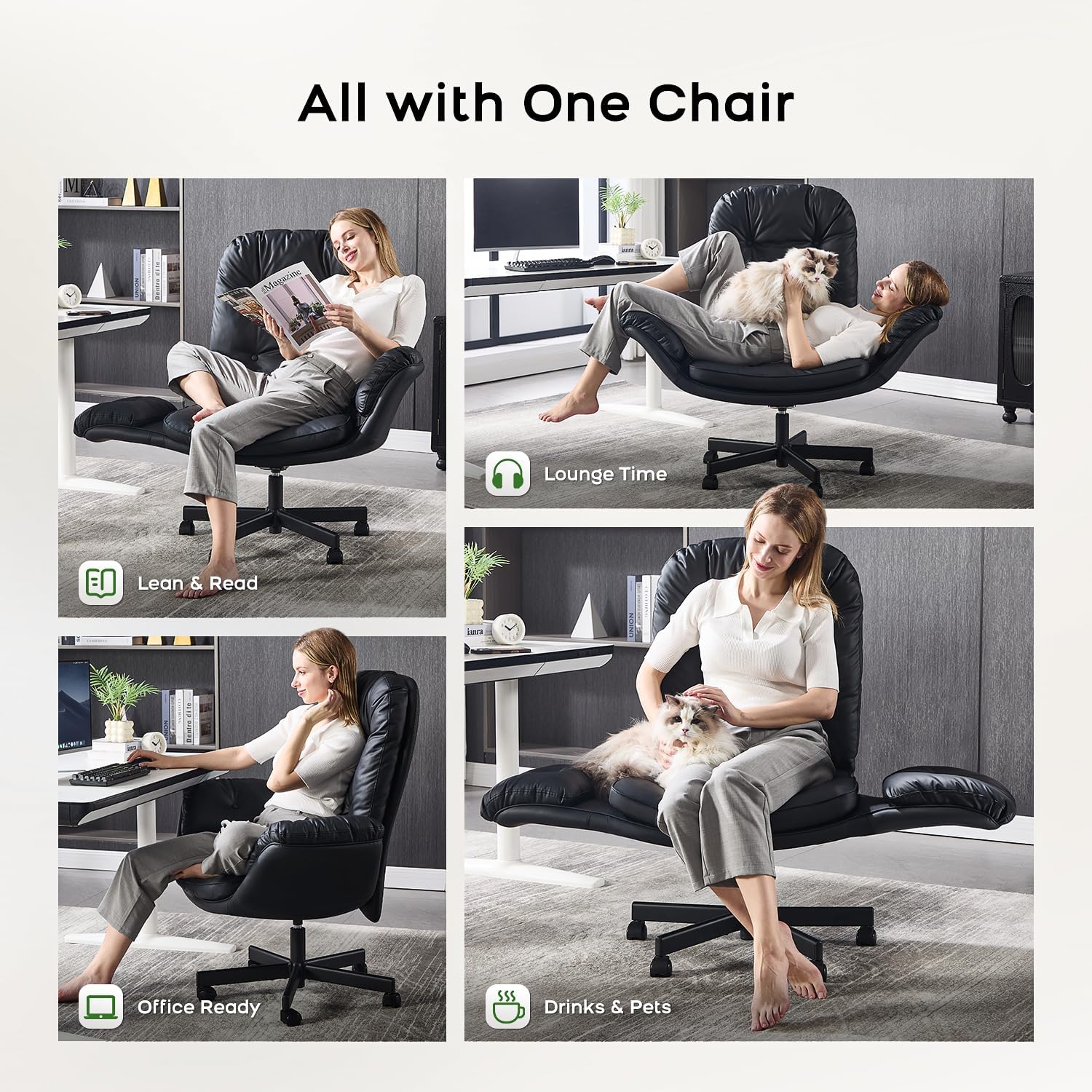 amseatec Criss Cross Chair with Armrests & Wheels for Cross-Legged Sitting, Comfortable Adjustable Swivel Office Desk Chair –PU Leather Vanity Chair for Home, Makeup and Bedroom (Black)