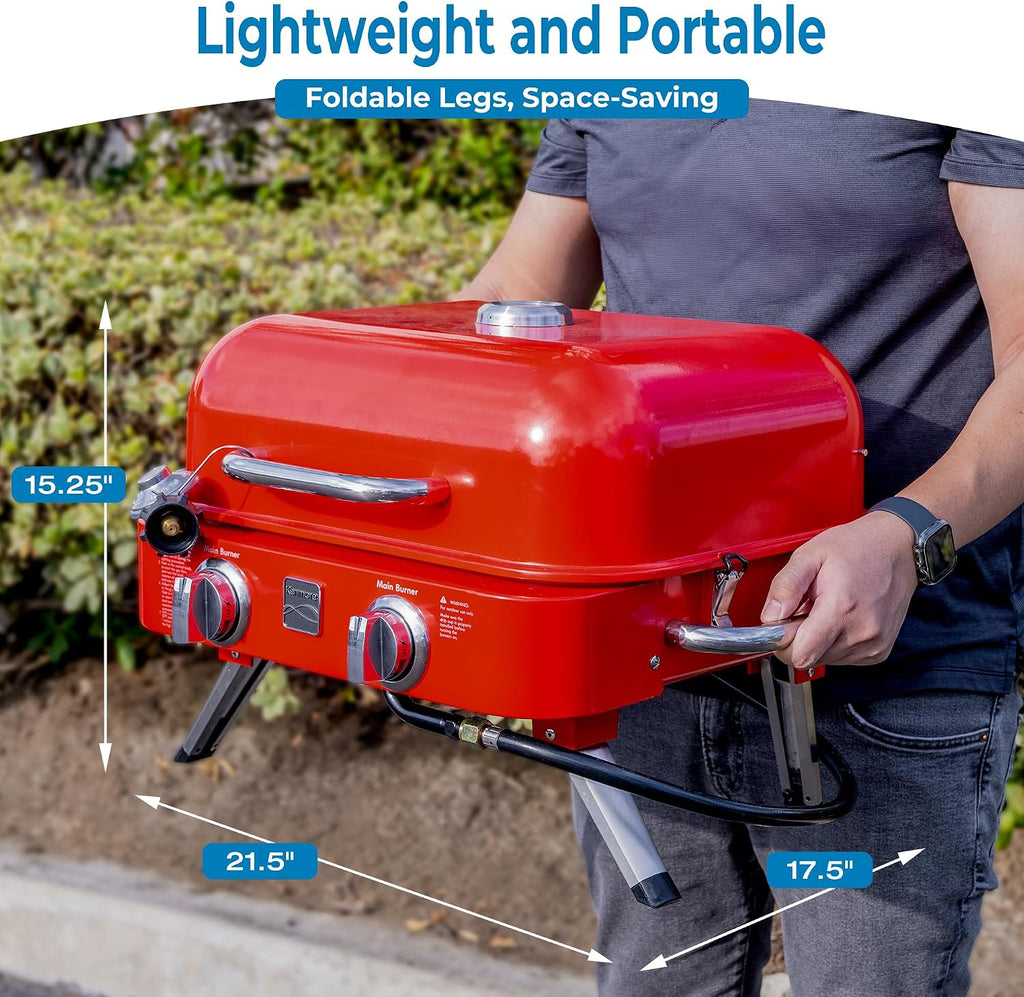 Kenmore Portable Propane Gas Grill - Tabletop BBQ Grill with Warming Rack, 2 Stainless Steel Burners with 14,000 BTUs, for Outdoor Kitchen, Camping, Red