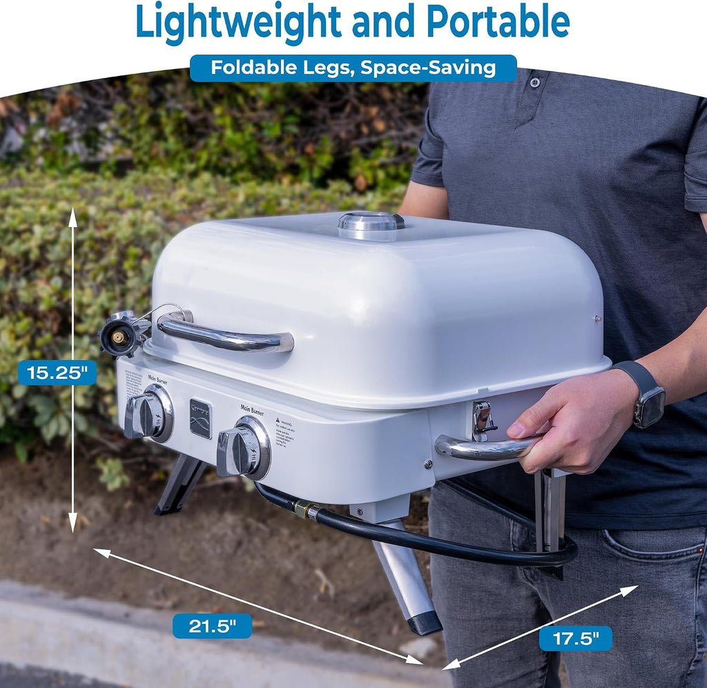 Kenmore Portable Propane Gas Grill - Tabletop BBQ Grill with Warming Rack, 2 Stainless Steel Burners with 14,000 BTUs, for Outdoor Kitchen, Camping, Pearl