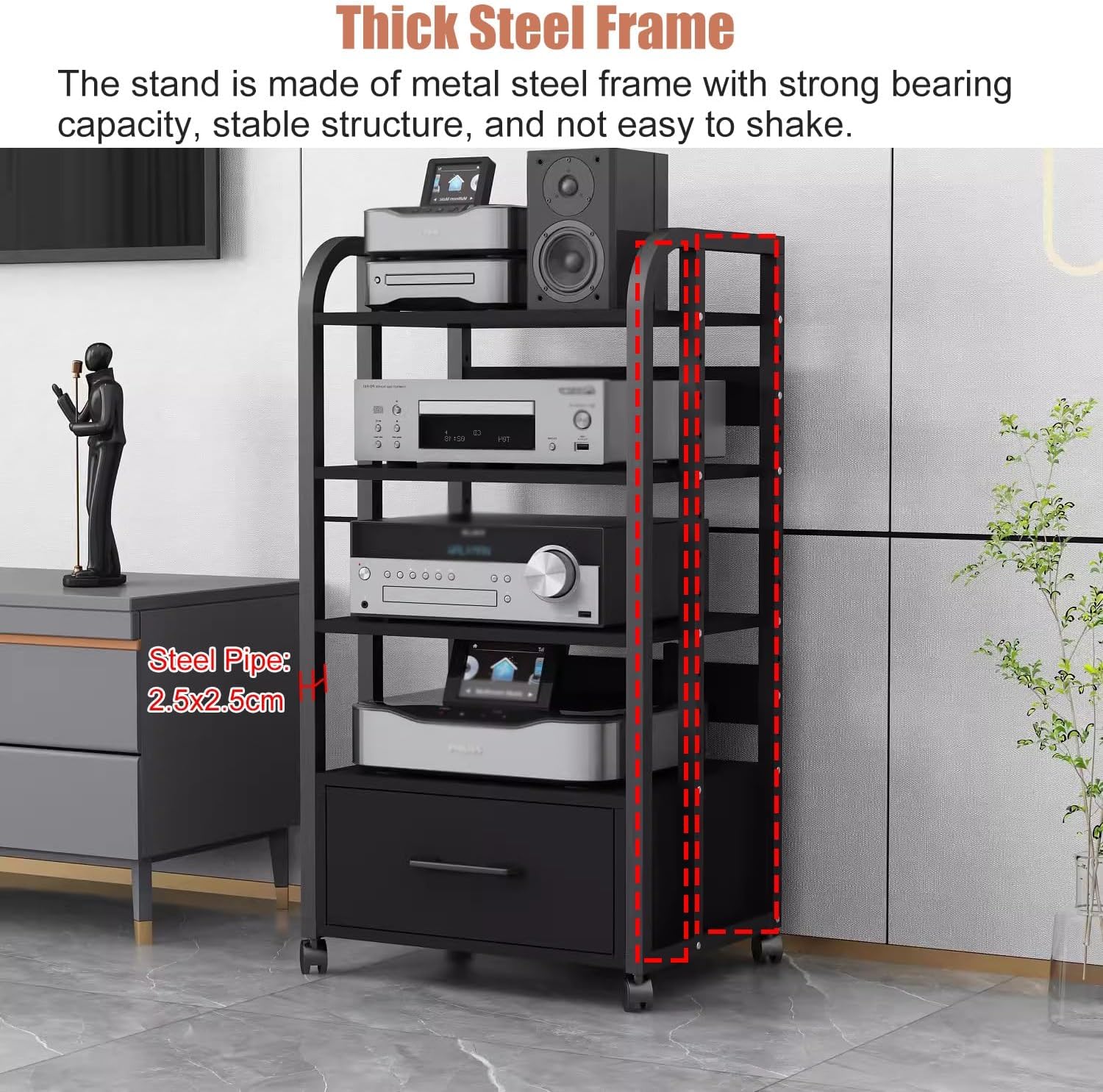 Metal Audio Component Rack Tower Media Stereo Stand Equipment Shelf for Home Office Bedroom, Freestanding Heavy Duty Audio Component Stand Shelving,Style2,3 tier79cm