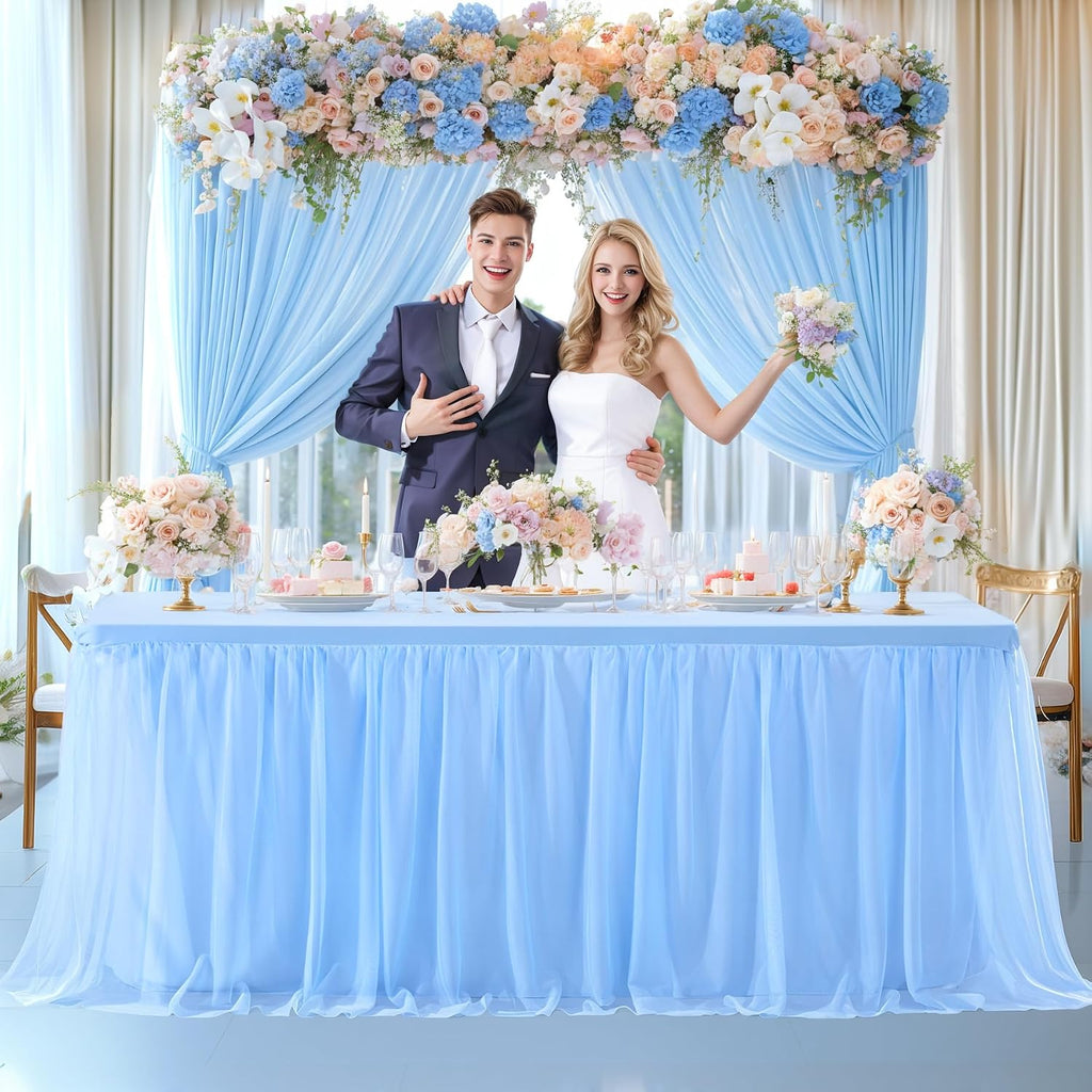 6 Pack Baby Blue Table Cloth for 6 Foot Rectangle Tables, Stretch Fitted Tulle Table Covers Skirt, Rectangular Ruffle Tutu Tablecloth Wedding Baby Shower Baby Shower Cake Tablecloths