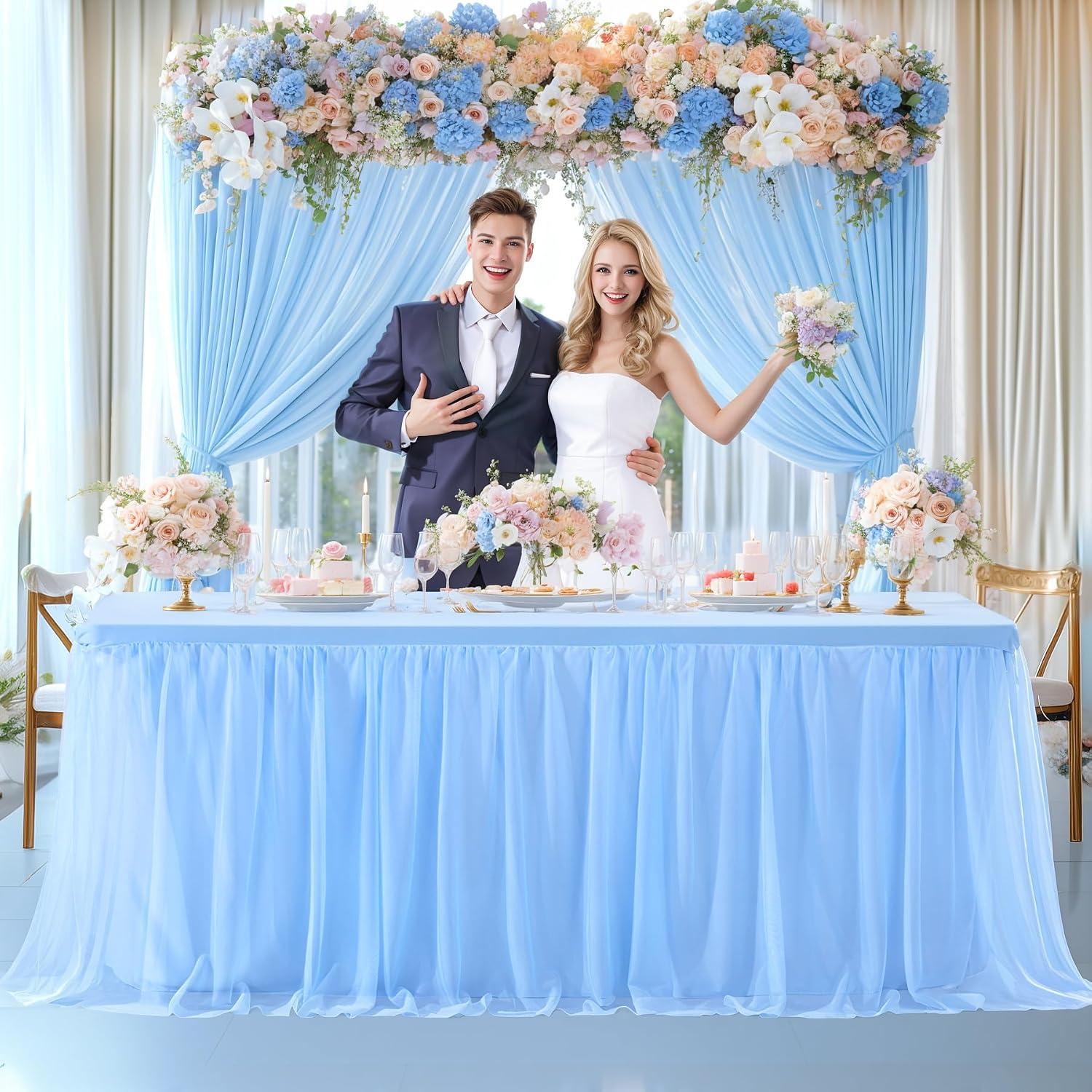 6 Pack Baby Blue Table Cloth for 6 Foot Rectangle Tables, Stretch Fitted Tulle Table Covers Skirt, Rectangular Ruffle Tutu Tablecloth Wedding Baby Shower Baby Shower Cake Tablecloths