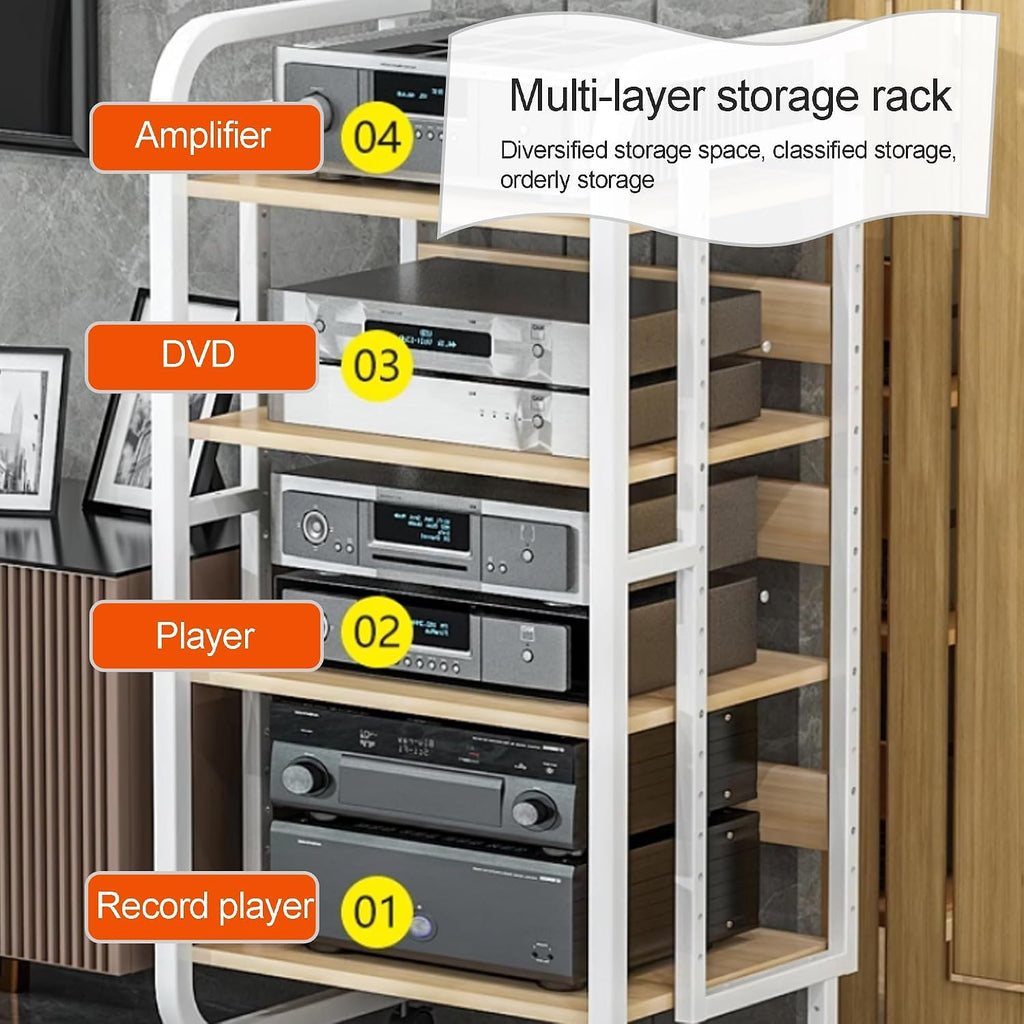AV Media Stand - Audio Video Shelving Rack with Wheels, Open Storage Cabinet for Home, Office & Theater - Stereo Tower Console for Recording Room (Black, 50x42.5x70cm)