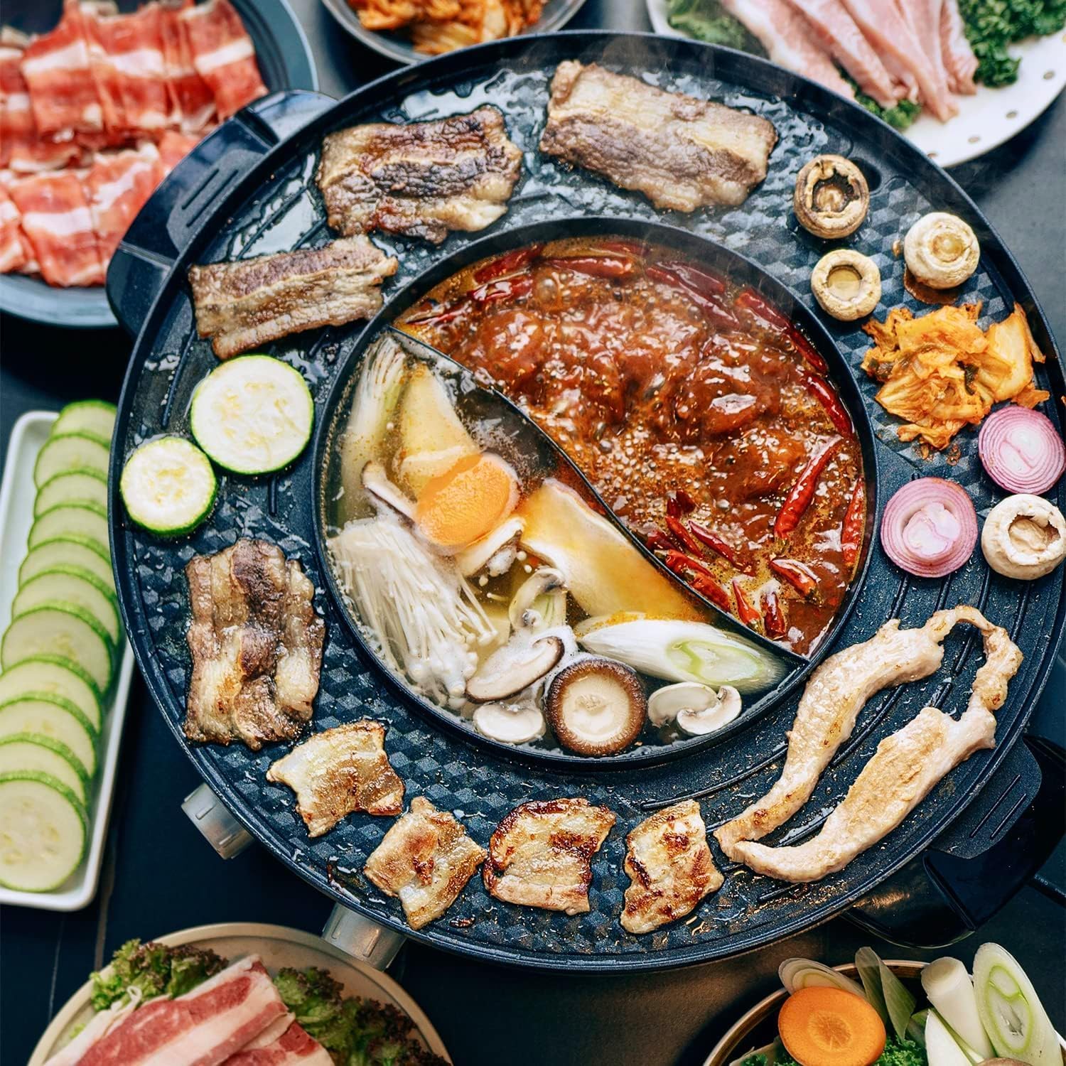 Food Party Hot Pot Electric Korean BBQ Grill 2 in 1 Hotpot Smokeless Indoor Grill Removable Cooking Plate Easy Cleaning 110V 1800W Shabu Shabu Pot with Divider