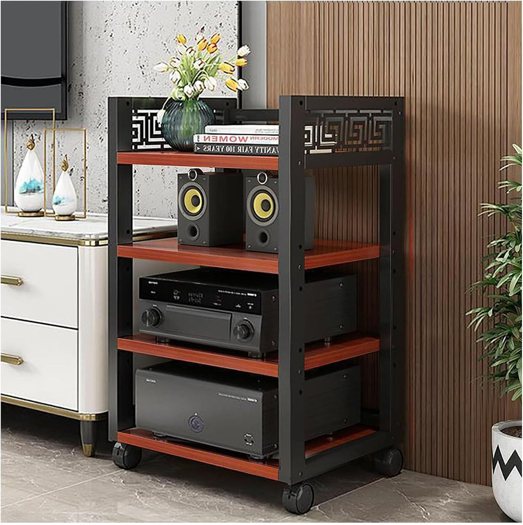 Modern AV Media Stand - Open Stereo Rack Storage Cabinet, Corner Shelf for Home Theater, Office & Recording Room - Stylish Brown Audio-Video Shelving Unit (34.6in)