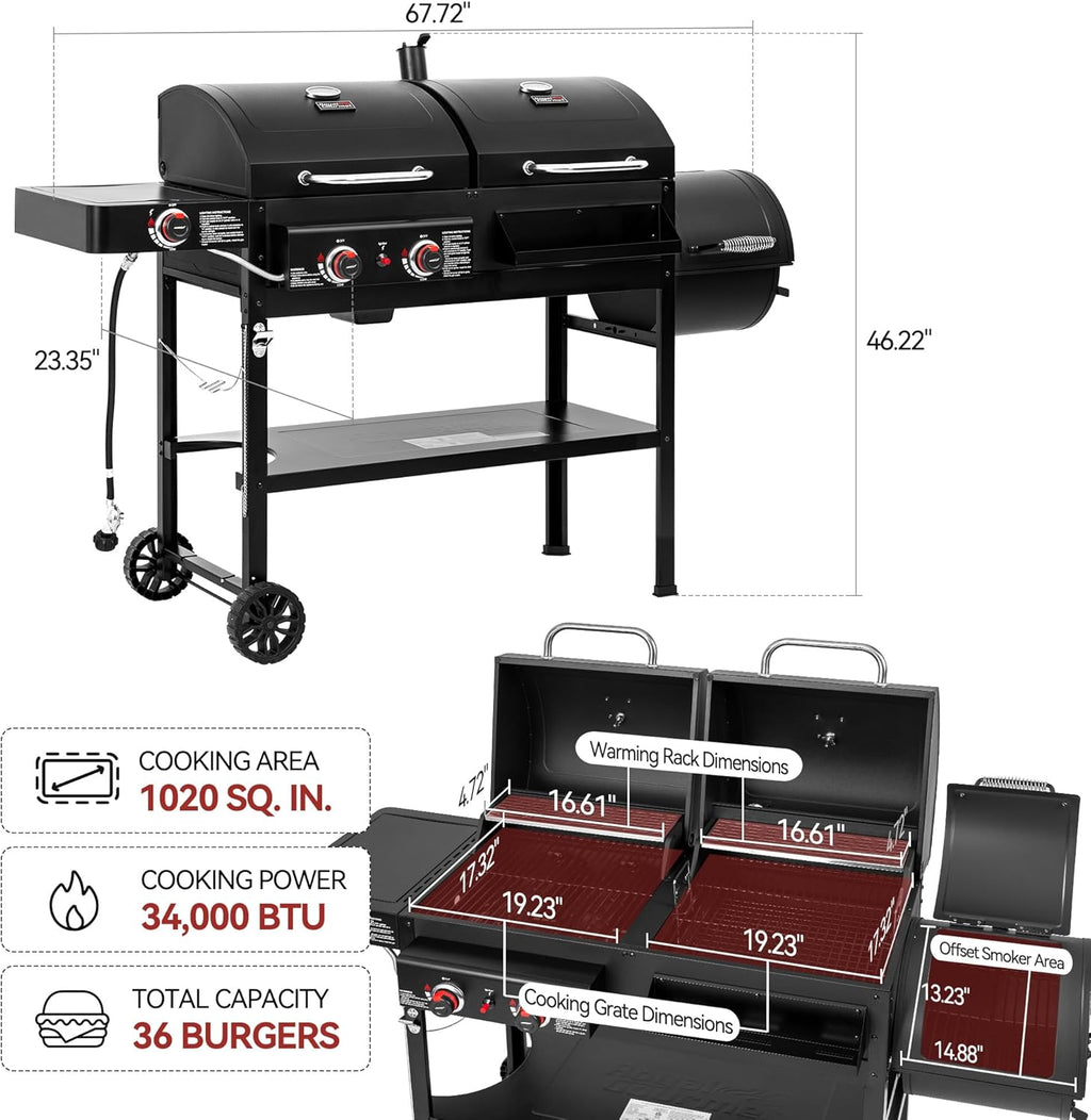 2-Burner Gas and Charcoal Grill Combo with Offset Smoker & Side Burner, 34,000 BTU Dual Fuel Grill, 1020 Sq. In. Cooking Area, Ideal for Outdoor Cooking, Black, ZH3005Y-SC