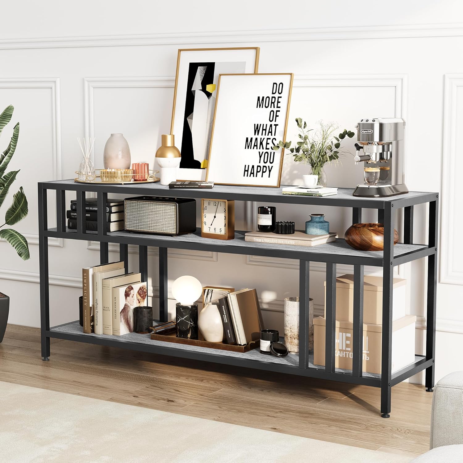 GarveeHome 65 in TV Stand for TV up to 75 in, Entertainment Center with Open Storage Shelves, TV Media Console Table with Quadruple-Tube Support for Living Room, Bedroom - 65 in Grey