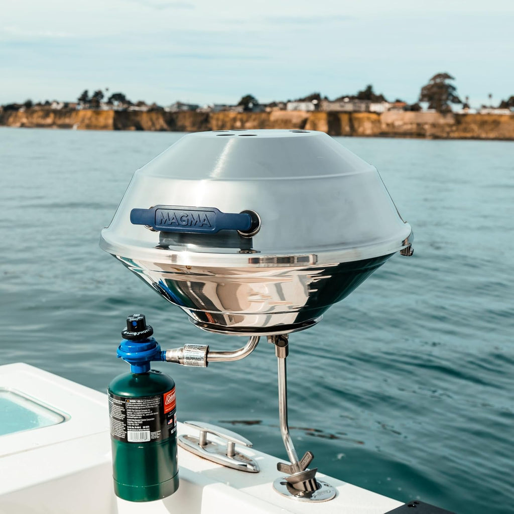 Magma A10-215 Marine Kettle Portable Gas Grill - Stainless Steel BBQ for Boats - Wind-Resistant Design, Safe Propane Connection, Stay Cool Handle - 17' Diameter