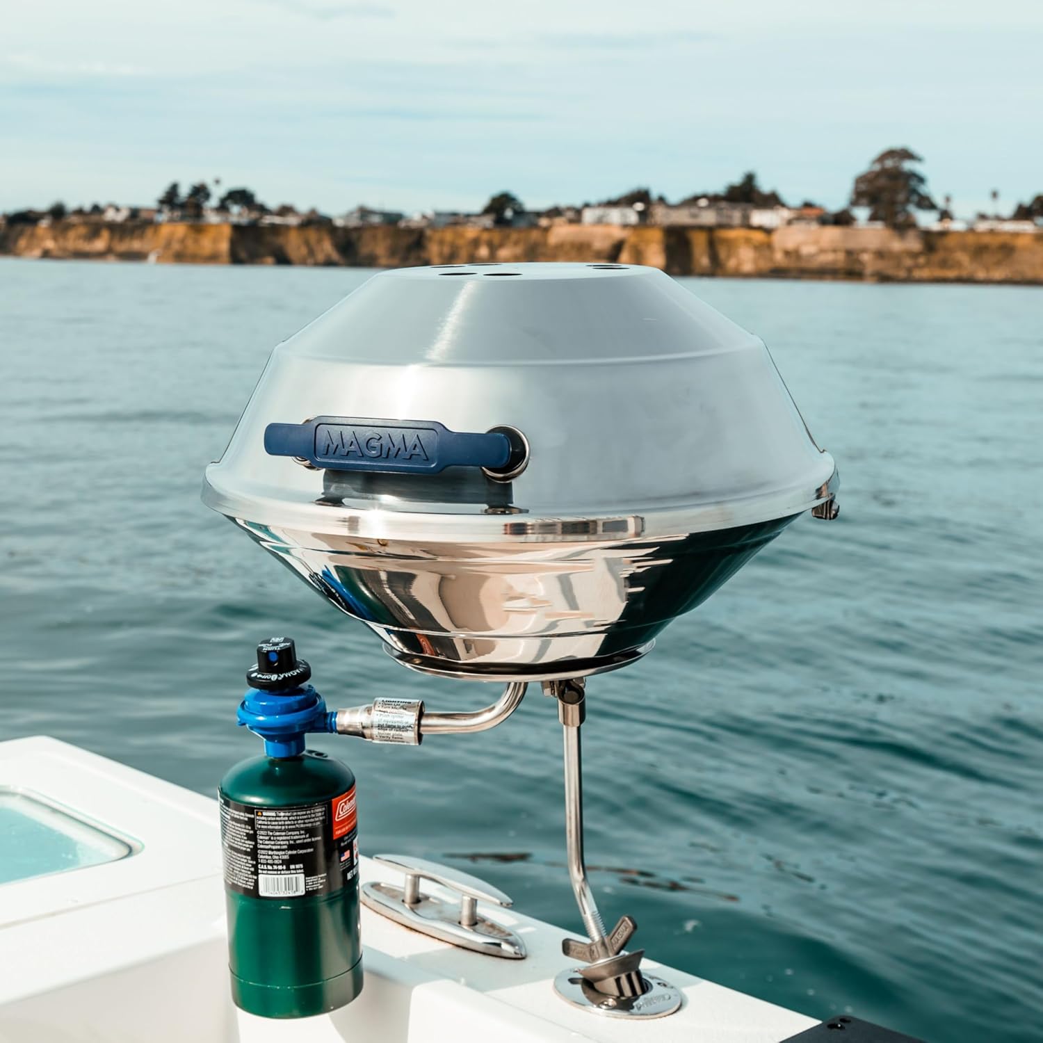 Magma A10-215 Marine Kettle Portable Gas Grill - Stainless Steel BBQ for Boats - Wind-Resistant Design, Safe Propane Connection, Stay Cool Handle - 17' Diameter