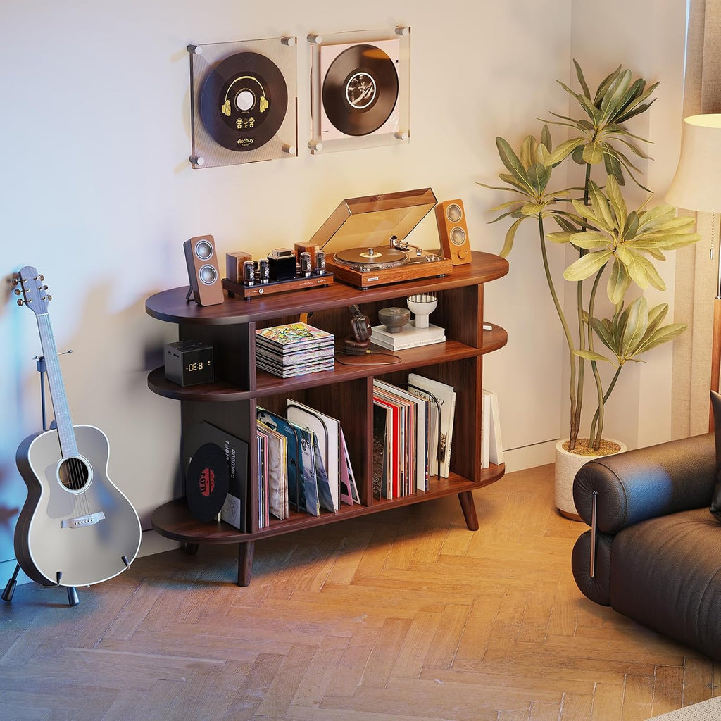 LIVEHOM Large Round Record Player Stand, Wood Record Storage Cabinet, Vinyl Record Holder with Display Area, Mid Century Modern Turntable for Living Room, Bedroom