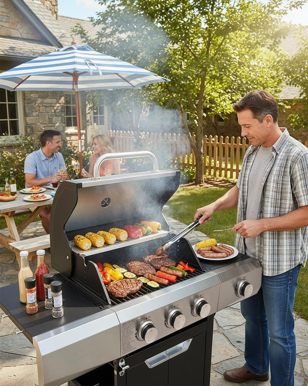 EUHOME 40,500 BTU 3-Burner Propane Gas Grill with Side Burner,Stainless Steel Outdoor BBQ Grill Portable with Wheels and Cast Iron Grates for Patio Garden Barbecue Cooking