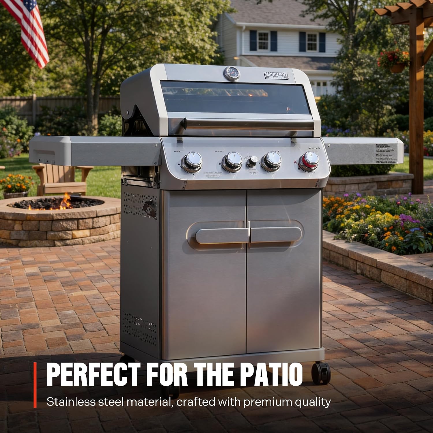 Monument Grills 4 Burner Propane Gas Grill, Stainless Steel Outdoor Patio Barbecue Grill with Smoker Box, with Broil Zone Fast Heating, Knob Control, and Easy Cleanup, M410MBZ