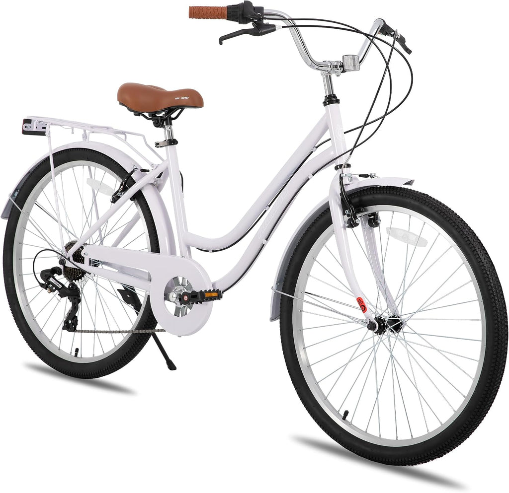 HILAND 26 inch Beach Cruiser Bike for Men and Women, 7 Speed Step-Through Frame Adult Bicycle with Rear Rack, Retro Bike Commuter City Bicycle