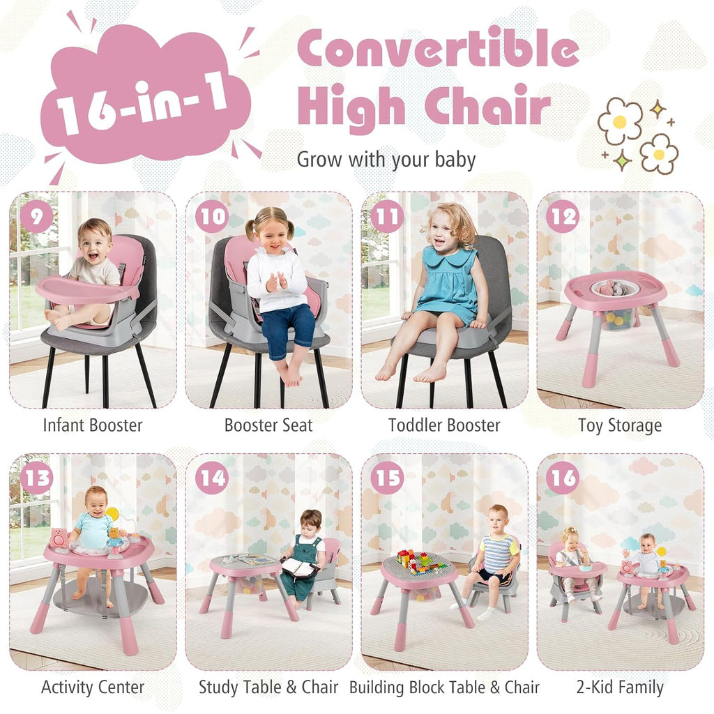 KOTEK 16 in 1 Convertible High Chair, Baby Highchair & Activity Center, Booster Seat, Building Block Table, Toddler Chair with 5-Point Harness, Removable Tray & Cushion (Pink)