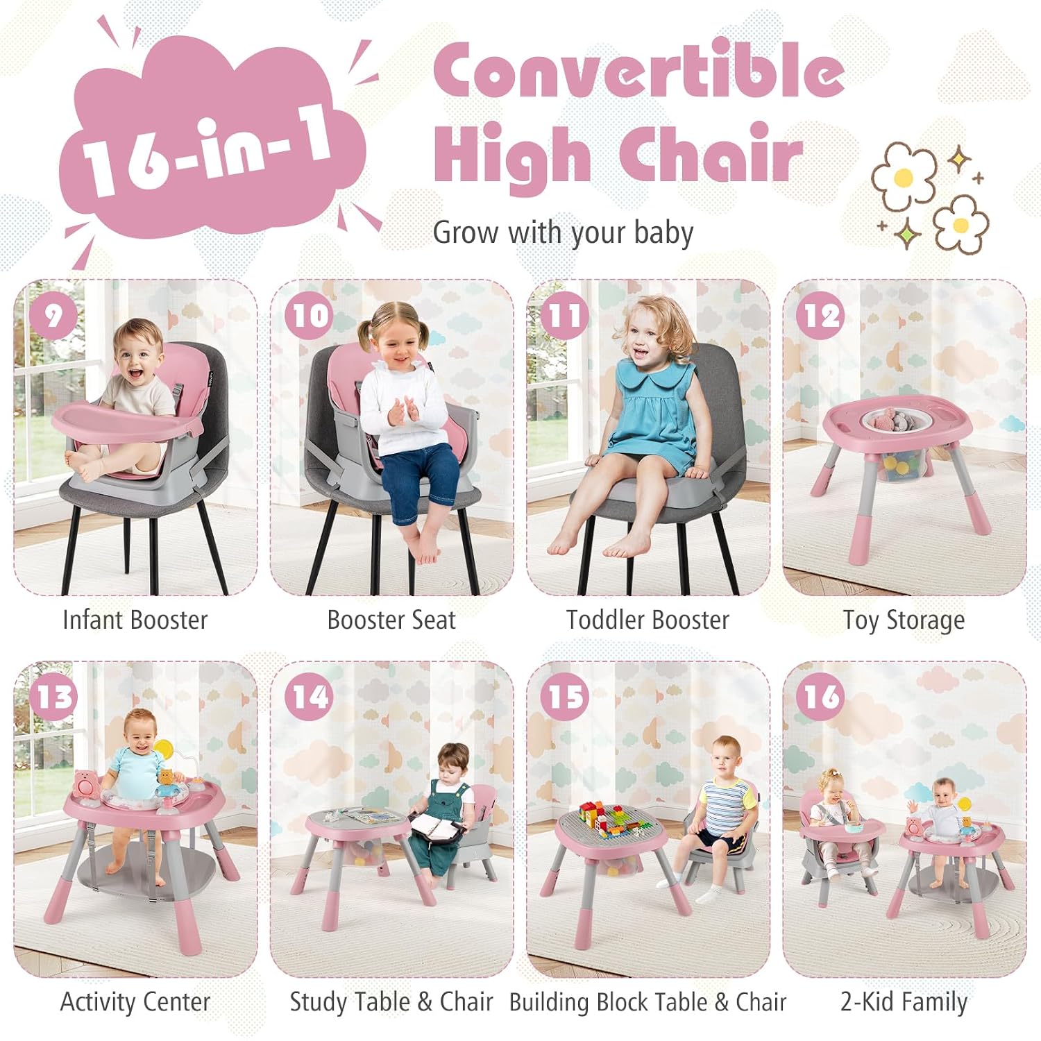 KOTEK 16 in 1 Convertible High Chair, Baby Highchair & Activity Center, Booster Seat, Building Block Table, Toddler Chair with 5-Point Harness, Removable Tray & Cushion (Pink)