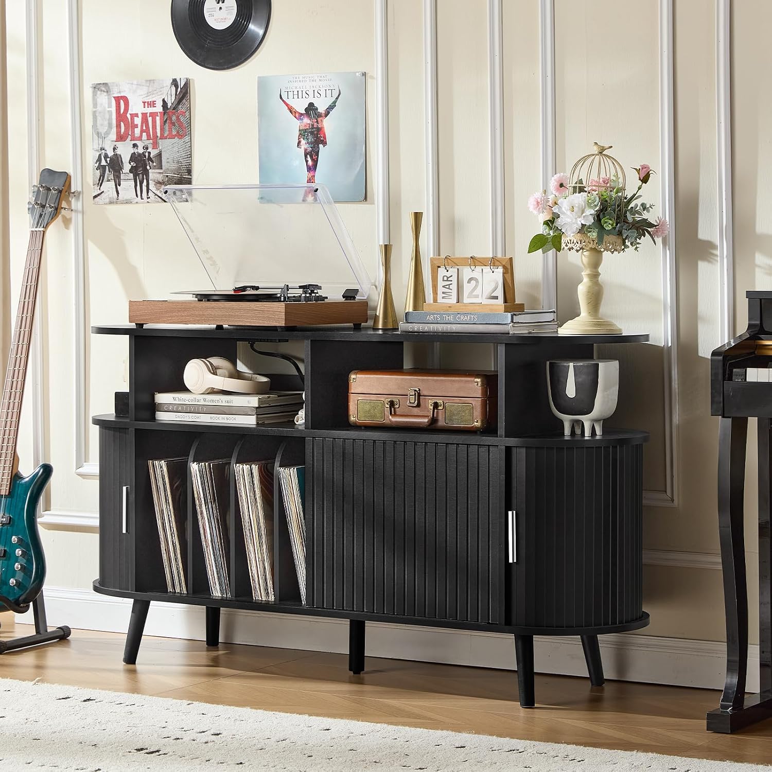 LELELINKY Extra Large Round Record Player Stand with Charging Station & Fluted Panel, Mid Century Modern Turntable Cabinet with Vinyl Storage, Arched Wood Record Player Table for Living Room,Black