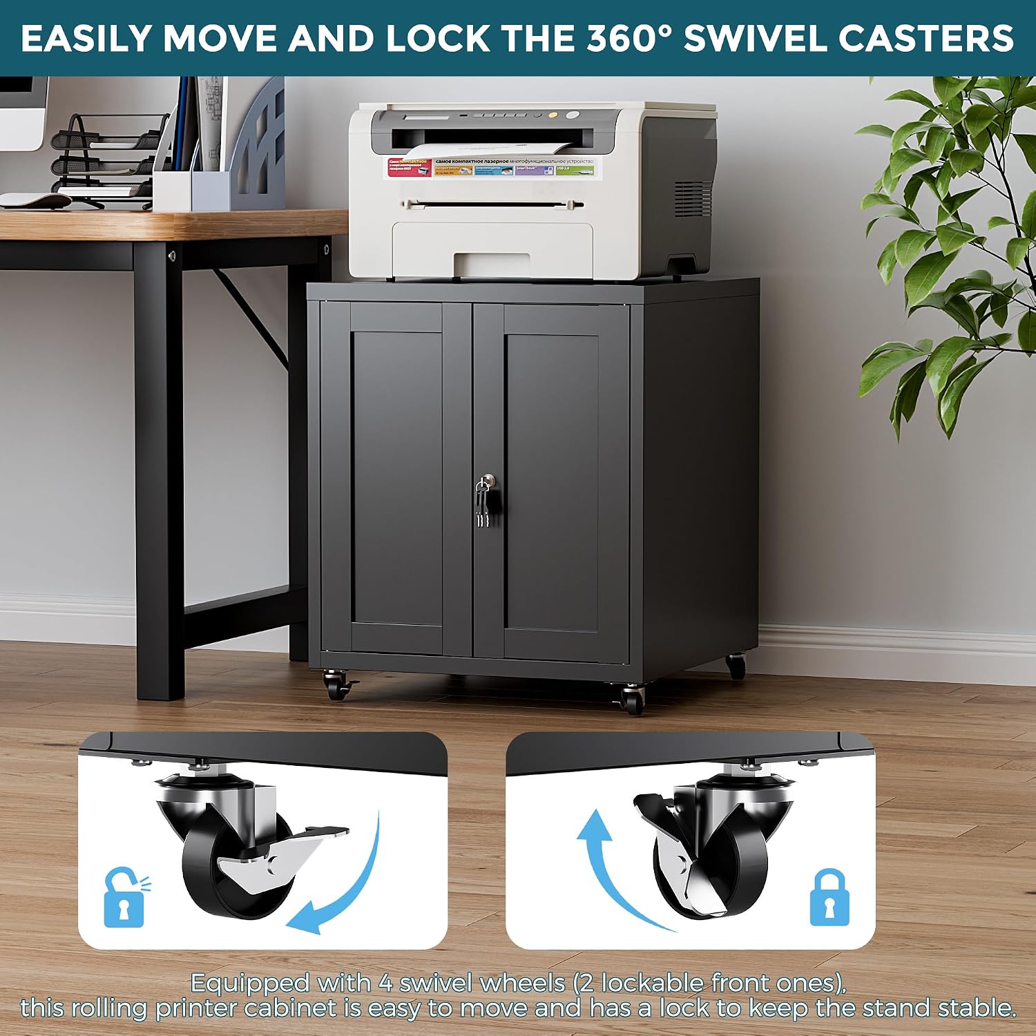 Large Printer Stand with Storage and Lock, 3D Heavy-Duty Printer Cabinet, Printer Table for Home Office with Doors and Adjustable Shelves, for Office Copier and Fax Machine, Black