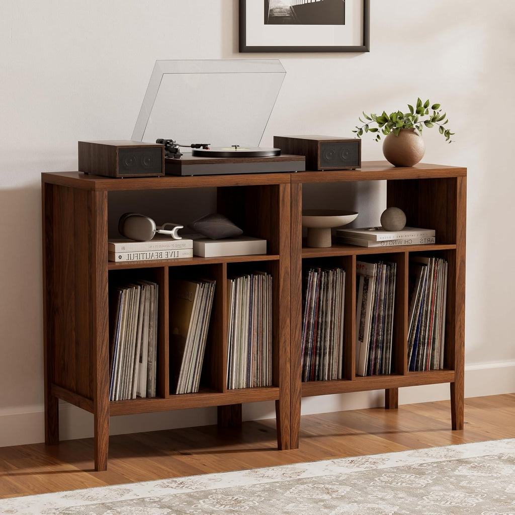 Modern Record Player Stand, Vinyl Record Storage Cabinet with Open Shelf, Wood Records Player Table Cube Storage Organizer for Living Room, Office, Brown