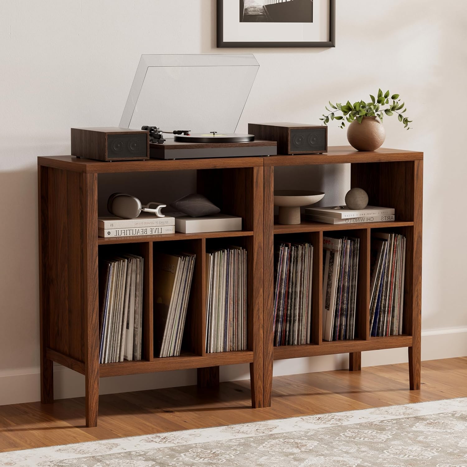 Modern Record Player Stand, Vinyl Record Storage Cabinet with Open Shelf, Wood Records Player Table Cube Storage Organizer for Living Room, Office, Brown